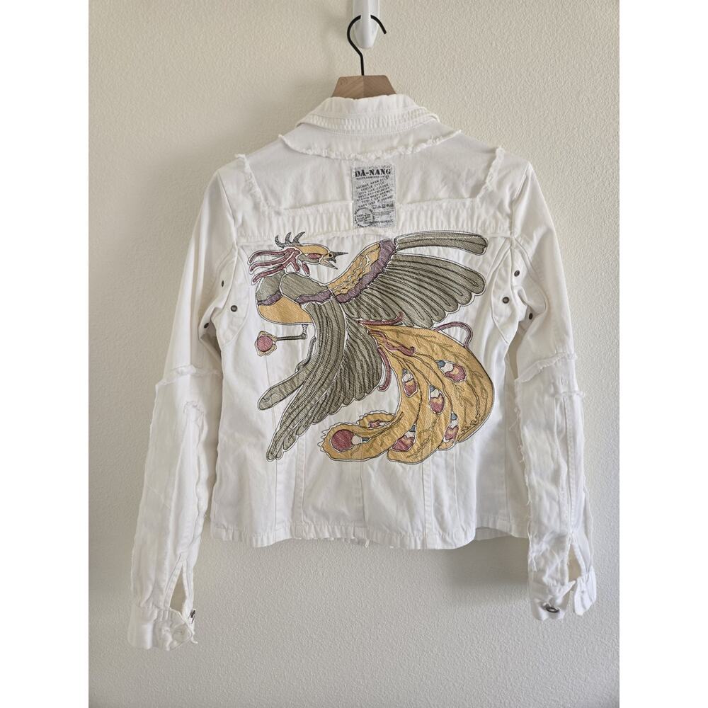 Vtg DA-NANG Da Nang Medium White Embroidered Frayed Jacket Phoenix Bird Cotton